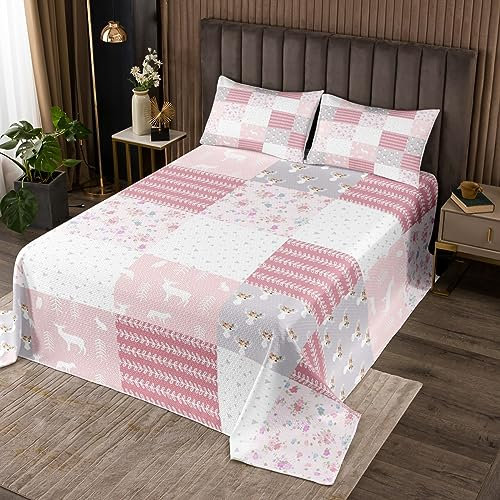 feelingyou Hirsch Geweih Tagesdecke für Jungen, Hirsch Wild Tier Jagd Plaid Abdeckung Set Raum Bettbezug, Rosa Blumen Blumenblätter Patchwork Quilt Set mit 1 Kissen Sham, S Größe