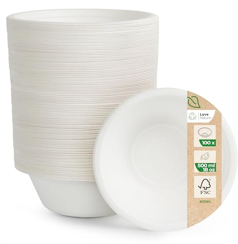 Love Nature Ciotole Usa e Getta di Polpa Canna di Zucchero 500 ml - 100 Pezzi di Ciotole Monouso Ecologico - Stoviglie Usa e Getta