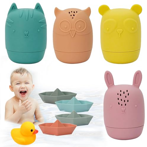 9X Badewannenspielzeug, Badespielzeug Baby ab 1 2 3 4 Jahr, Silikon Wasserspielzeug Kinder, Badewannen Spielzeug 4 Tier Spritzen Spielzeug, 4 Badewal & 1 Schwimmende Aufzieh Wasser Spielzeug