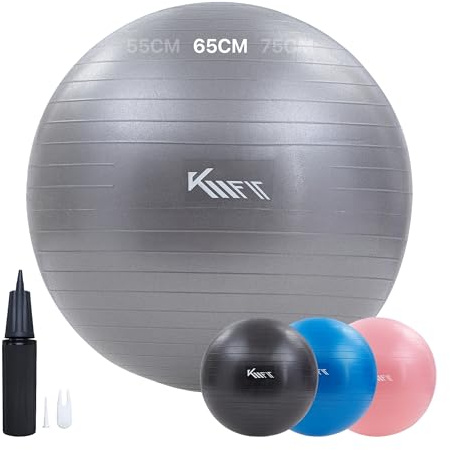KM-Fit Gymnastikball 65cm | Trainingsball mit Luft-Pumpe | Sitzball Büro Anti-Burst | Ball für Fitness, Yoga, Gymnastik, Core Training | Pezziball Yogaball BPA-Frei | Grau