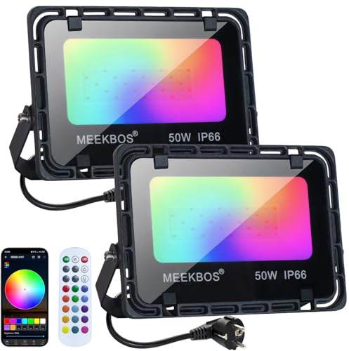 MEEKBOS RGB Strahler 50W, 2 Stück RGB LED Flutlicht Outdoor Mit Bluetooth APP Und Fernbedienung,IP66 Wasserdicht Farbwechsel Außen Fluter für Garten,Halloween,Weihnachten