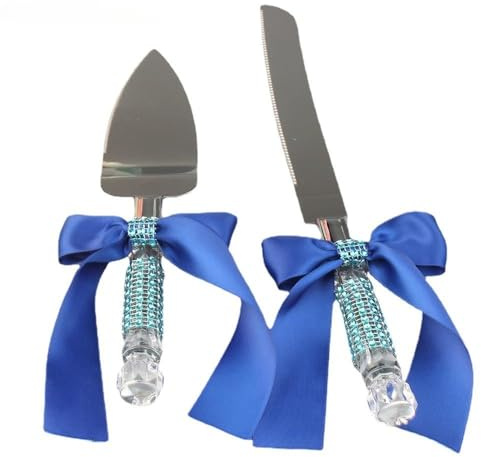 Wedding Cake Knife Shovel Server Set Silverware Stainless Steel Bow Decoration Acrylic Handle Wedding Party Thanksgiving Christmas (Blue)