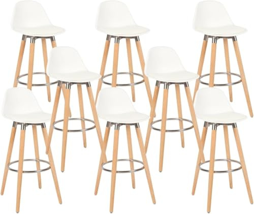 Box and Beyond Set mit 8 Barhocker aus Holz, hohe Barstühle, Küchenstühle - Höhe 91 cm - Weißer Hocker mit Fußstütze