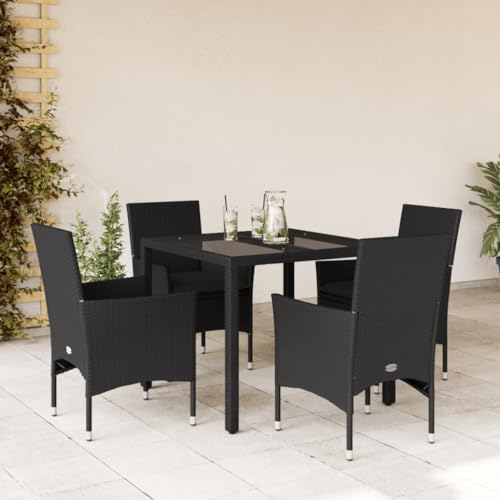 Gecheer 5-TLG. Polyrattan Sitzgruppe 4 Personen, Balkonmöbel Set, Garten Essgruppe mit Kissen,Gartenmöbel Set 4 Stühle mit Tisch, Gartengarnitur Sitzgarnitur Terrassenmöbel Lounge Möbel Schwarz