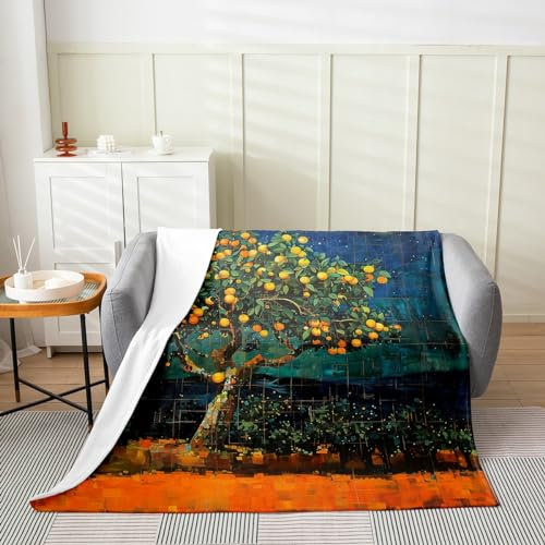 Homemissing Kids Orange Tree Flannel Fleece Throw Blanket Queen 90x90Inch Star Night Themed All Season Bed Blanket for Sofa Couch Sofa Couch Nutrue Theme Fuzzy Blanket Farmhouse Farm Plush Blanket