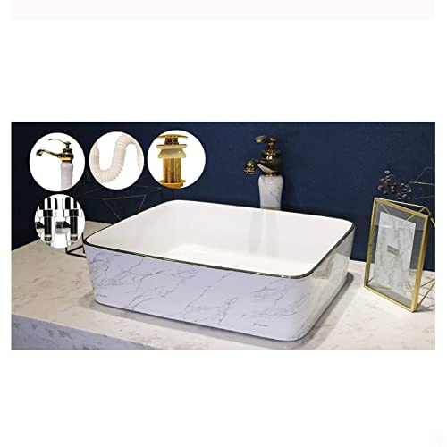 ROLTIN Waschbecken fürs Badezimmer, Aufsatzwaschbecken aus Keramik, Aufsatzwaschtisch-Wasserhahn, weiß, rechteckig, freistehend, modernes, Elegantes Design für Gäste-WC