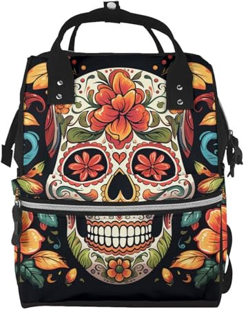 HJTRW Wickeltasche, Rucksack für Damen, wasserdicht, für Mütter, große Windeltasche, Feuer- und Wasser-Phoenix-Stilltasche, Bunter Totenkopf, Einheitsgröße, Reiserucksäcke