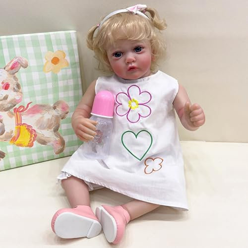 YIHANGG 60cm Reborn Baby Puppe Mädchen Kleinkind Prinzessin Puppe mit Kurzem Blondem Lockenhaar 24Zoll Lebensecht Neugeborenes Kunstpuppe Geburtstag Weihnachten Geschenk