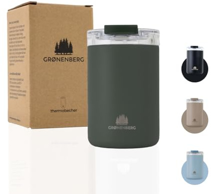 Groenenberg Thermobecher 320 ml | Kaffeebecher to go 100% Auslaufsicher | Hält mind. 4 h warm | Coffee to go Becher aus recyceltem Edelstahl (Forest)