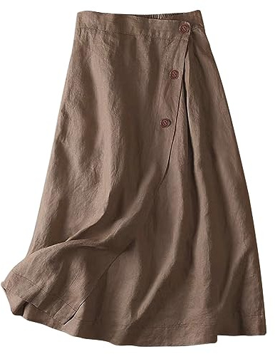 Leinenrock Damen Midi, Midirock Damen A Linie,Hosenrock Damen Knielang Rock Röcke mit Knöpfen Wickelrock für Frauen Skirt Swing Freizeitrock Einfarbig Herbstrock Sommerrock Elegant