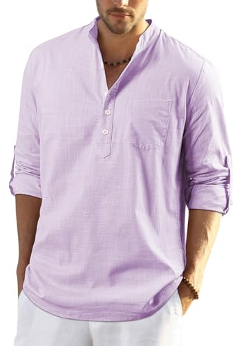 Enlision Uomo Camicia in Lino di Cotone Manica Lunga Henley Shirt con Bottoni Casual Hawaii in Tinta Unita Maglietta T-Shirt da Uomo per Interni Spiaggia Hippie