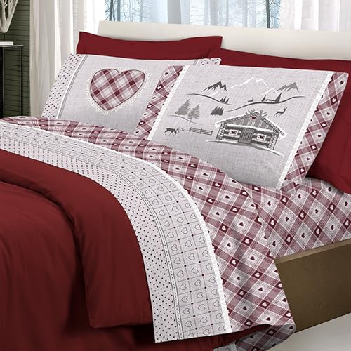 PENSIERI DELICATI Completo Letto Matrimoniale, Flanella 100% Cotone Caldo e Morbido, 2 Piazze 180x200cm, Include Lenzuolo Sotto, Sopra e 2 Federe, Made in Italy, Chalet Rosso