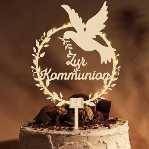 Giftota Cake Topper zur Kommunion aus Holz mit LED Lichterkette - Tortendeko Kommunion - Erstkommunion Tortendeko für Junge Mädchen