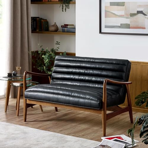 Julian Bowen Marshall Black Sofa – Faux Leather 2 Seater Settee with Solid Wood Legs, Small Couch, Loveseat for Living Room, Bedroom and Office – 128x78cm