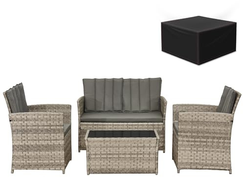 Aweather Rattan Garden Furniture Set Patio Conservatory Balcony Indoor Outdoor 4 Seater Piece Glass Top Coffee Table Modular Sofa Loveseat with Cushions and Waterproof Cover
