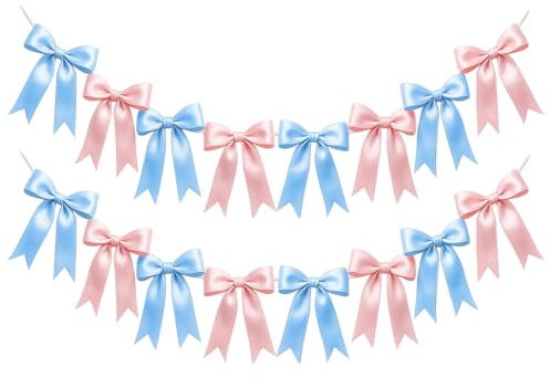 2 Strings of 16PCS Baby Pink&Baby Blue Bow Garlands Banner Decoration,Pre-Strung Satin Ribbon Ornaments for Gender Reveal Party,Baby Shower,Birthday,Bridal Shower,Graduation Decor,Anniversary,Wedding