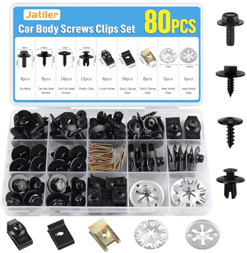 JatilEr 80 Stück Karosserieschrauben Clips Set Kfz Blechmutter Schraube Kit | Metall U Typ Befestigungsclips mit Klemmscheiben Hitzeschutzblech für Auto Body Undertray Fender Türverkleidung