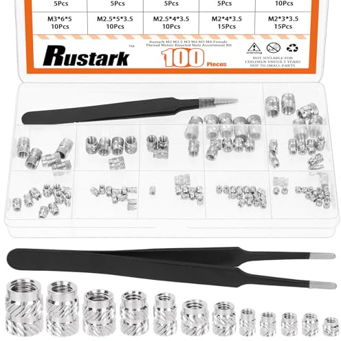 Rustark 101 Stück Gewindeeinsätze Eisen Gewindebuchsen Sortiment-Set in 12 Größen mit Pinzette Einschraubmutter Einschmelzgewinde Gerändelt Einpressmuttern für Kunststoff und 3D-Druck Komponenten
