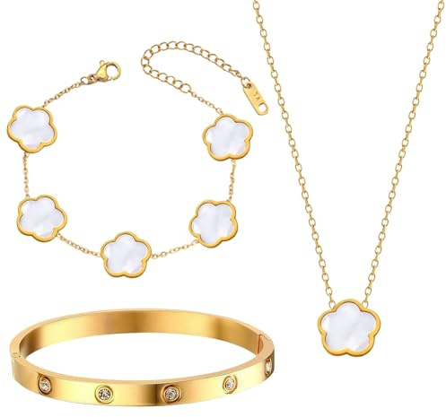 GWAWG 3-teiliges Kleeblatt Schmuckset für Damen, 18K Gold Edelstahl Halskette und Armband Set, Zirkonia Armreif Geschenk zum Muttertag, Valentinstag