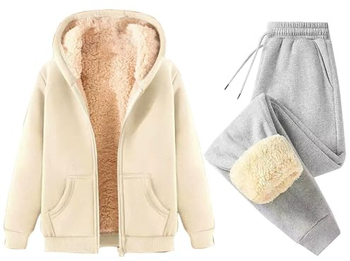 Set Completo Tuta da Donna in Pile con Fodera - 2 Pezzi - Pantaloni da Jogger per Donna a Gamba Dritta Caldi per l'Inverno - Tuta Termica con Cappuccio in Pile Morbido - Tuta Casual da Donna a Maniche