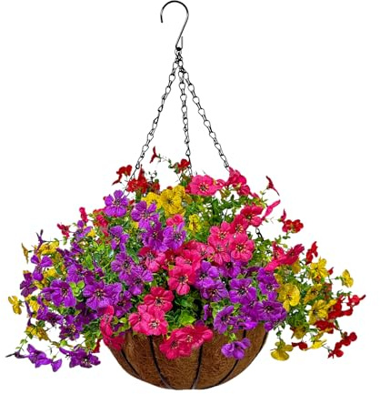 Fycooler Hanging Baskets Outdoor Artificial Violets Flowers 12 with Basket Flowerpot for Indoors & Outdoors Decoration Faux Flower Bouquet for Porch Garden Wedding Home Decor Centerpiece
