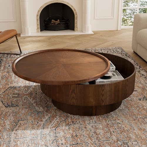 Round Coffee Table with Covert Storage Rustic Modern Circle Center Tables with Solid Wood Veneered for Living Room Bedroom Apartment (A 30.7in)