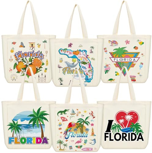 VioraWhite 6 Pcs Florida Canvas Tote Bags Bulk City Souvenir Gifts