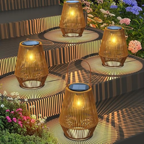 Farolillos Solares Exterior, KagoLing 4 Lamparas Solares Exterior de Tejidos a Mano Luz Solar Exterior Jardin IP65 Impermeable Adecuado para decoraciones navideñas Regalos de Navidad Patio y Balcón