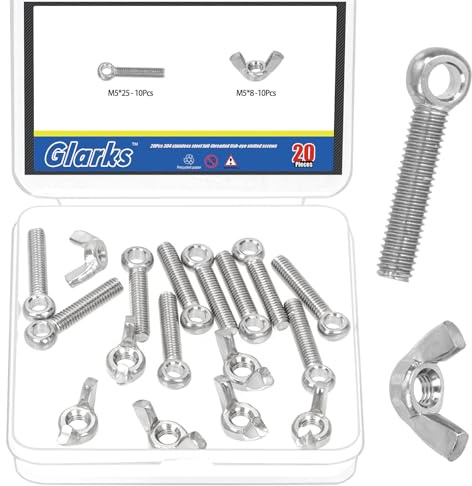 Glarks 10 ensembles M5 x 25mm boulons d'oeil d'épaule de levage avec kit d'écrous d'aile, boulon d'oeil de levage en acier inoxydable, boulon d'oeil anneau avec écrous papillon