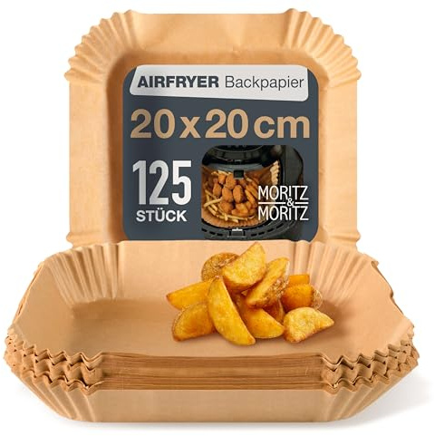 Moritz & Moritz Airfryer-Backpapier eckig 20 x 20 cm, 125 Einlagen | Für Heißluftfritteuse mit 5 bis 8 Litern, 4,5 cm hoher Rand, antihaft und fettdicht bis 220 °C, Aufbewahrungsbox dabei