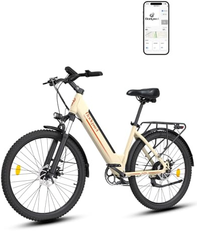 Bodywel A26 Herren E-Bike, 26 Zoll, Abnehmbare 36V 13Ah Batterie, Bis zu 65km Reichweite, 250W Motor, Mechanische Scheibenbremse, Stadt- und Freizeit-E-Bike (Tee mit Milch.)