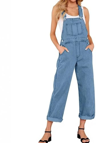 Oryvandel Salopette Jeans Donna Casual, Tuta in Denim Relaxed Fit con Orlo Arrotolato, Pantaloni con Spalline Regolabili e Tasche, Jumpsuit per Tempo Libero