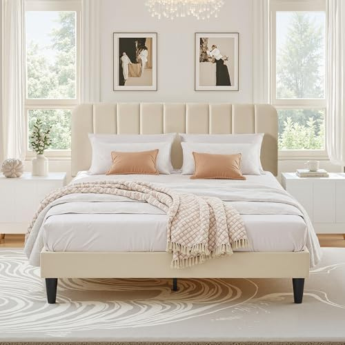 VECELO Polsterbett 140 x 200 cm, Doppelbett mit Höhenverstellbarem Kopfteil, Samtbezug und Stabiler Lattenrost, Geräuschfrei, Einfache Montage, für Schlafzimmer und Gästezimmer, Beige