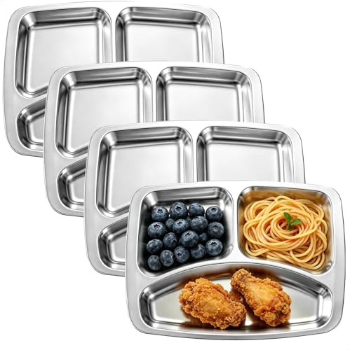 4 Stück Edelstahl Teller, Teller mit Unterteilung, tellers Edelstahl mit 3 Fächern, Verfügbar Portionsteller,28.5cm Edelstahlteller,Erwachsene Bariatric für Outdoor Picknick Party Küche(Rechteckig)