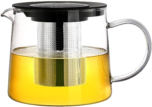 Tebery Tetera de cristal de 1,5 L con filtro de acero inoxidable resistente al calor, infusor extraíble para té y café, tapa de plástico