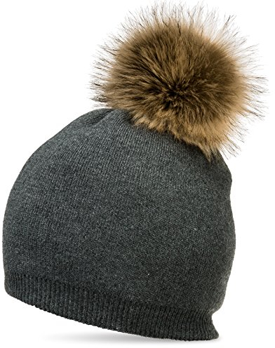 Caspar MU187 elegante Damen Feinstrick Mütze Bommelmütze mit Fellbommel, Farbe:dunkelgrau, Größe:One Size