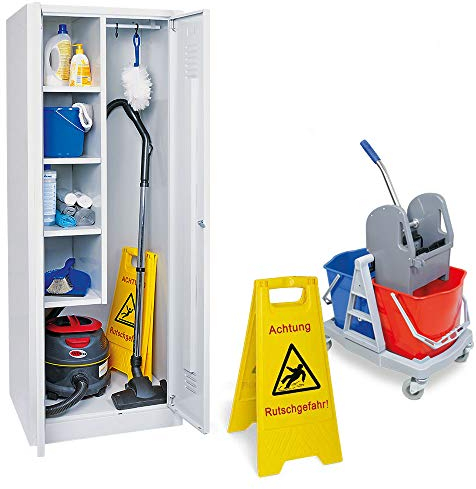 BRB 6-teiliges Reinigungsset, mit Putzmittelschrank, Nasswischwagen und Warnschild