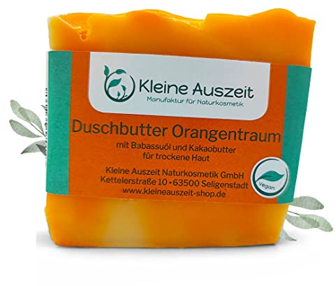 Kleine Auszeit Manufaktur, Duschbutter Orangentraum, reichhaltige Körperseife für trockene Haut, vegan, palmölfrei und plastikfrei, 90 g