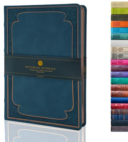 VICTORIA'S JOURNALS Journal en similicuir vintage à couverture rigide Cahier ligné Journal de voyage à l'aspect ancien Bleu foncé, 14,5 x 20,6 cm