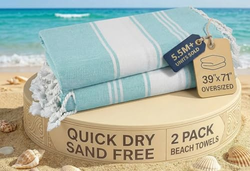 LANE LINEN Beach Towel 2 Pack, Oversized Beach Towel 39x71, Lightweight Beach Essentials for Women, Large Pool Towel, Absorbent & Quick Dry, Sand Free Beach Towel - Aqua