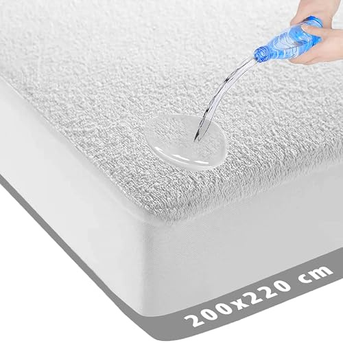 Coprimaterasso impermeabile 200 x 220 cm - Molton Lenzuolo elasticizzato - Antibatterico - Rotondo Elastico - Bianco - Materasso impermeabile Protezione Incontinenza Coprimaterasso - 200 x 220 cm