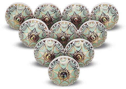 FURNISHFUL FINESSE Light Green Ceramic Cabinet Knobs (Pack of 10), Handmade Dresser Drawer Pulls with Gold Trim, Vintage Boho Handles for Wardrobes & Cupboards