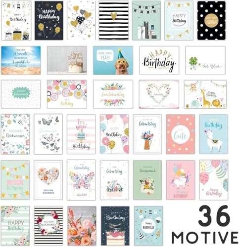 paper design 36 Postkarten zum Geburtstag - Geburtstagskarten Set mit liebevollen Motiven - Geburtstag-Karten - Mehrstückpackung - klimaneutral produzierte Glückwunschkarten in 10,5 x 14,8 cm