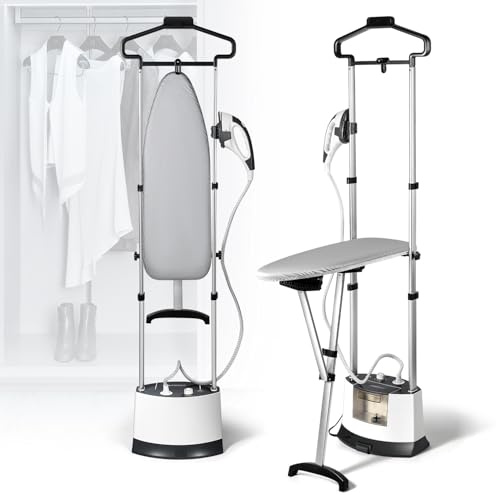 Hapyvergo Standing Garment Steamer, 1500W Upgraded Steamer for Clothes Rapid Heats in 25s for 1 Hour Steam, 1.6L Water Tank, Self-Cleaning, Dual-Protection Tech, Ironing Board, Hanger, Gloves