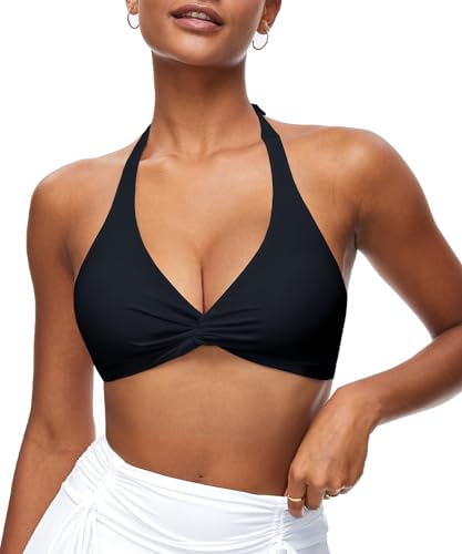 Navneet Bikini da donna con reggiseno push up sportivo a triangolo con allacciatura al collo, A001 supporto a torsione nero, L