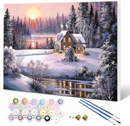 Fuumuui Malen Nach Zahlen Erwachsene und Kinder Anfänger Gemälde mit Rahmen inklusive Pinsel und Acrylfarben 40 x 50 cm - Landschaft, Winter Sonnenaufgang
