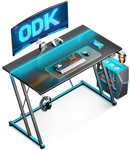 ODK Gaming Desk with LED Lights, Gaming Table with Cup Holder and Headphone Hook, Double Z Frame Design Computer Desk, Carbon Fiber Black 100 cm