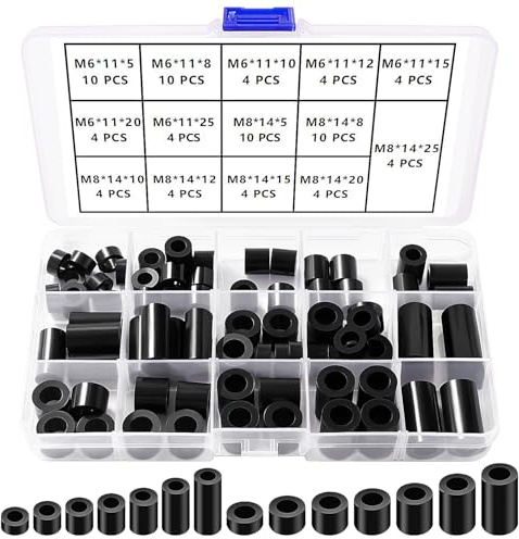 YIXISI 80 Piezas Arandelas Espaciadoras Redondas ABS, para M6 / M8 Tornillos, Soporte de Columna No Roscada Arandelas Espaciadoras, OD 11/14 mm, Negro