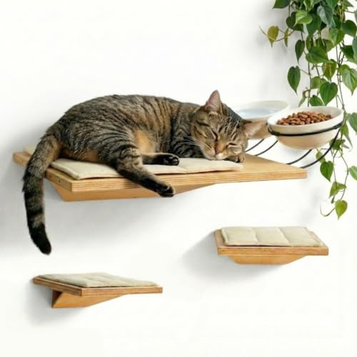 7 LokiLINE Wall Mounted Cat Shelves with Elevated Ceramic Feeding Station – Scandinavian Floating Design, Solid Plywood, Two Climbing Steps with Cotton Mats, Modern Cat Wall Furniture Set 300 ml Bowls