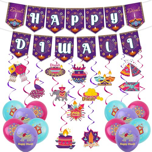 AFYHH Diwali Decorations for House Banner Hanging Decor for Festival of Lights Party Decorations Balloons for Deepavali, Pooja, Puja & Wedding